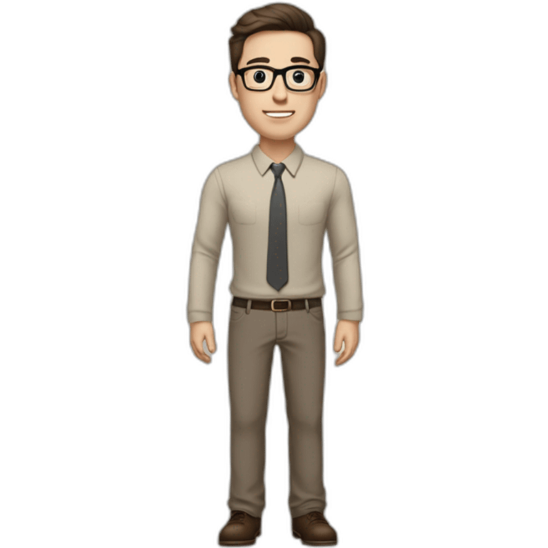 Full height Pale skinned fit man with dark brown hair in gray jacket, beige office shirt, brown tie, brown pants and vintage glasses. His right hand stretched out emoji