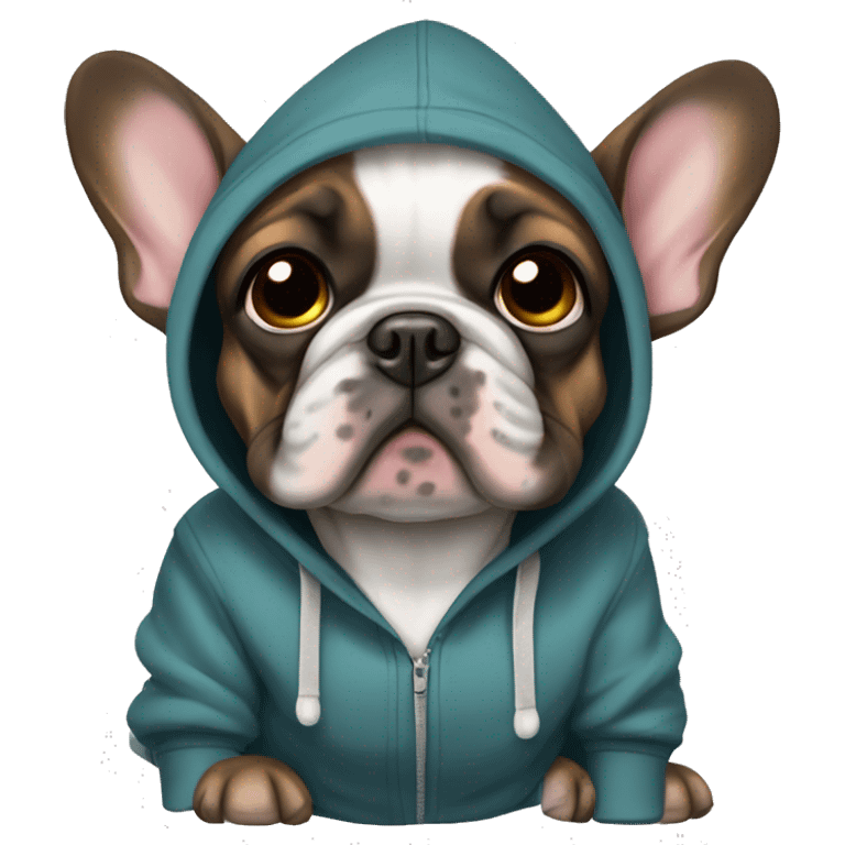 Brindle frenchie dog wearing a hoodie emoji