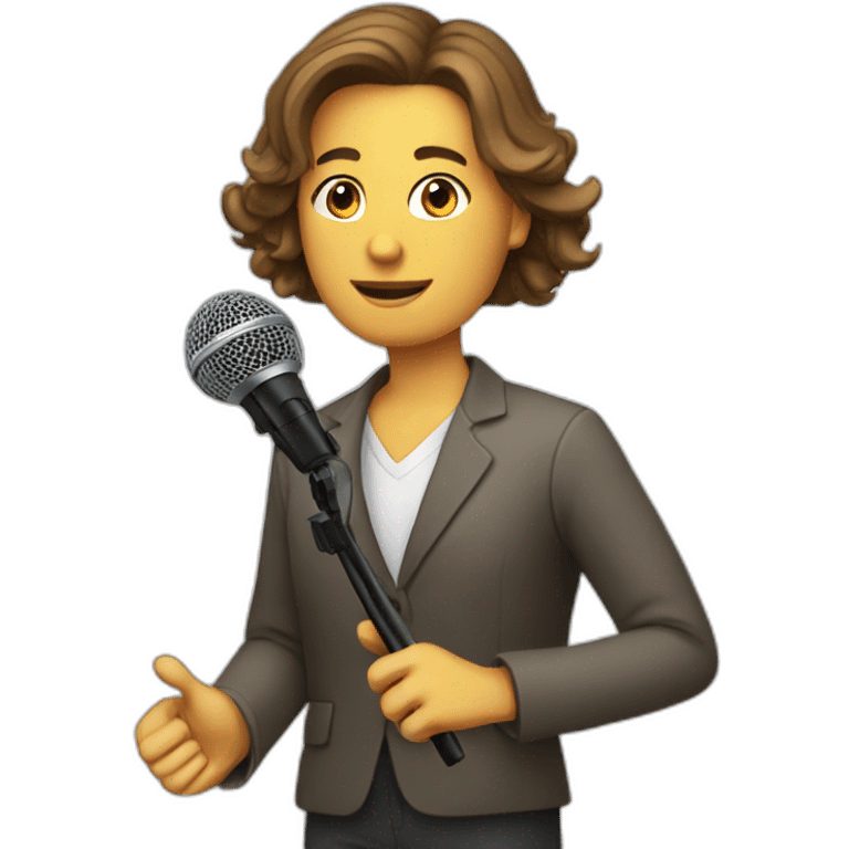 white journalist standing confidently while holding a microphone. The journalist should be in professional attire emoji