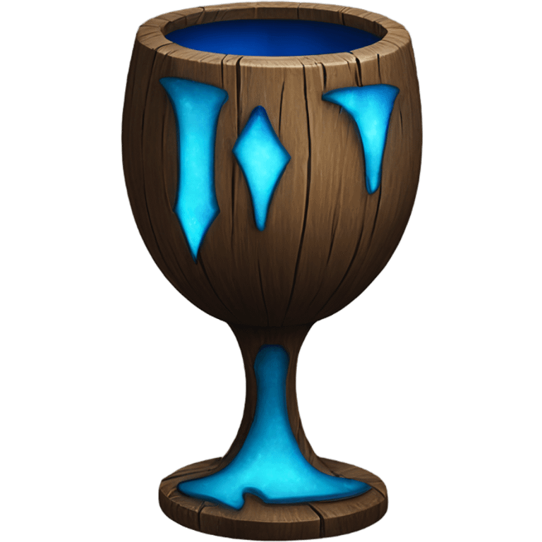 A magical goblet, large and imposing, made of aged wood with a smooth surface. It emits a bright blue glow, with magical flames dancing inside, symbolizing its power and mystery. emoji