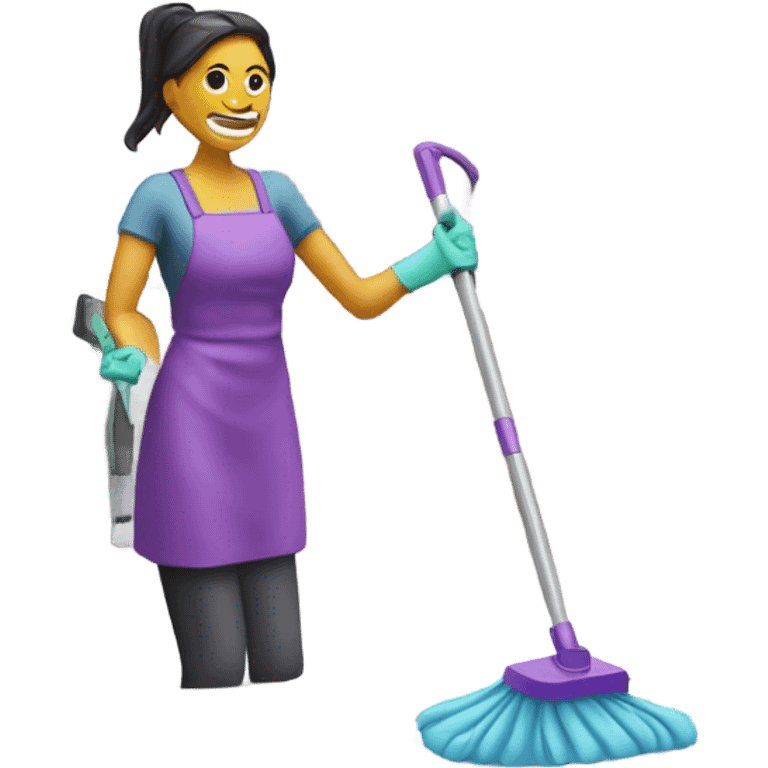 Woman cleaning kitchen with mop and purple cleaner emoji