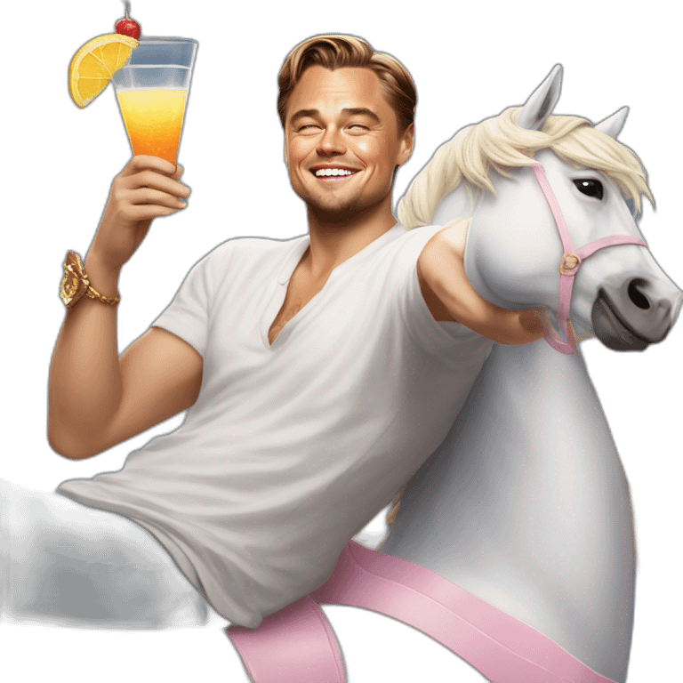 Leonardo DiCaprio smiling, raising a glass of cocktail and sitting on a unicorn emoji