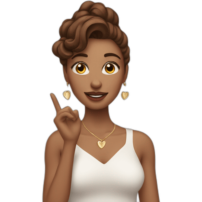 white beautiful woman, brown wavy hair, heart-shaped hand gesture, long earrings emoji