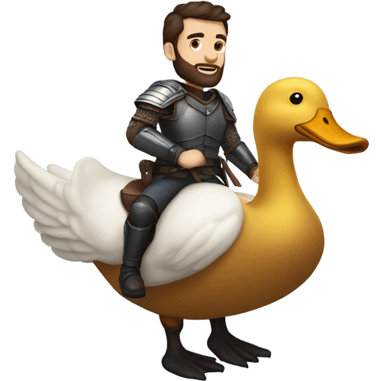 Confident armored White Man with dark brown hair and a short beard riding on the back of a giant duck emoji