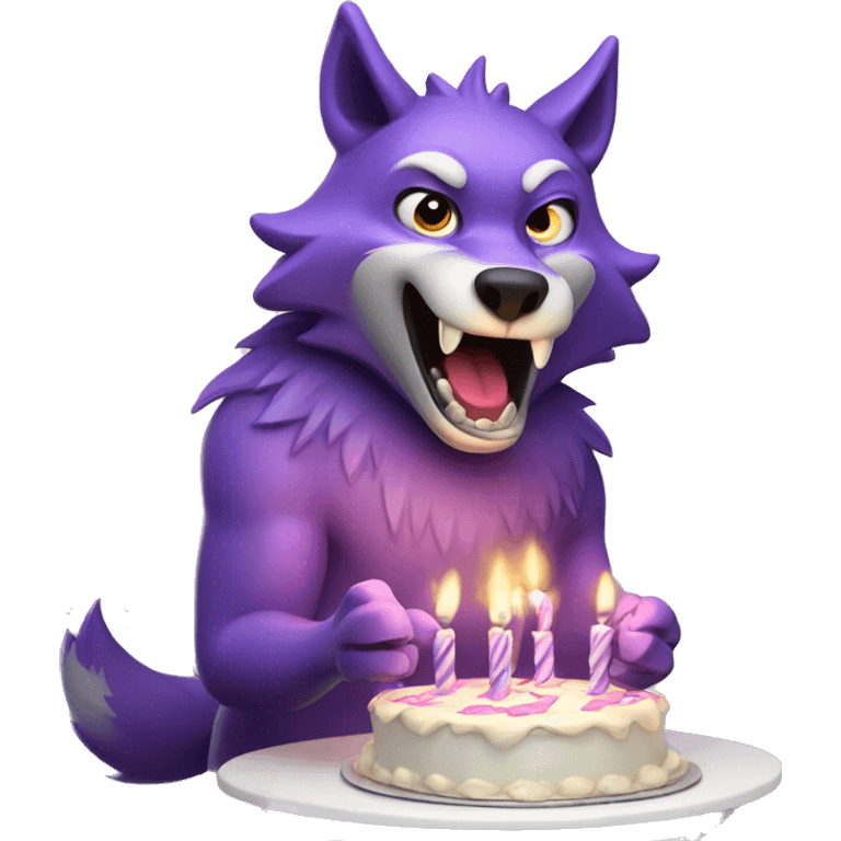 Purple, anthropomorphic wolf blowing out birthday candles emoji