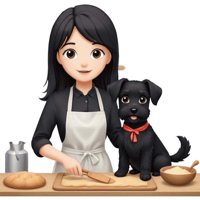 pale smiling girl baking with long back hair wearing black long shirt wearing apron holding black  schnauzer emoji