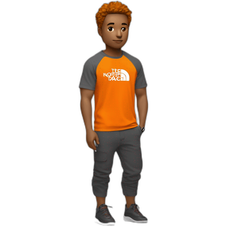 Un ado blanc avec un blowout taper et un t shirt thé North face orange et une chaîne emoji