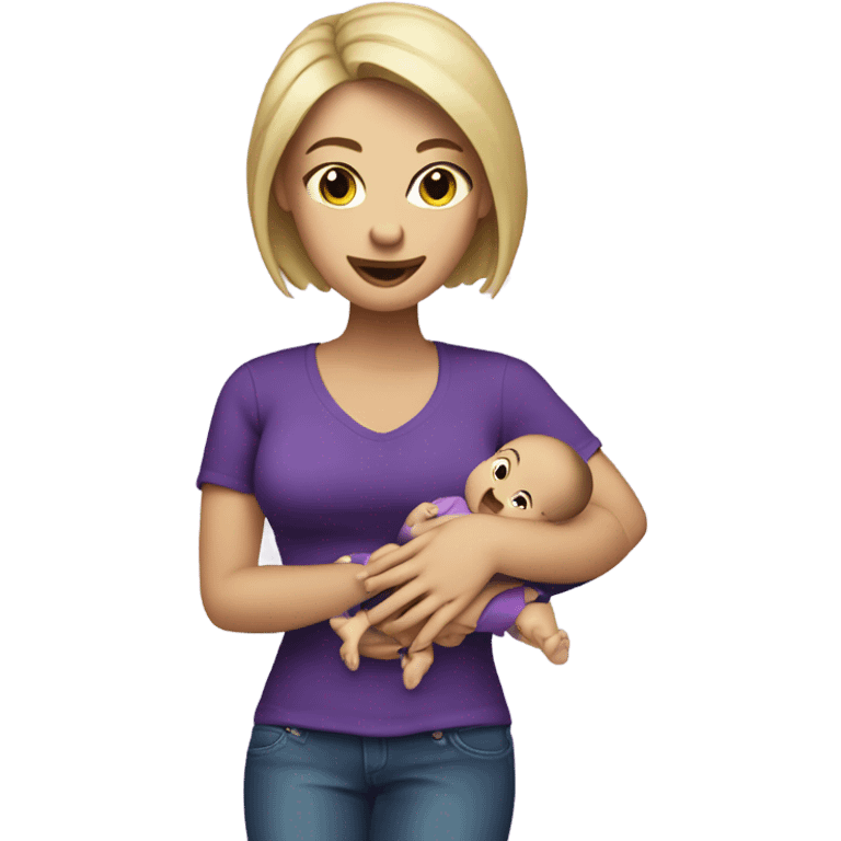 White Women in purple shirt rocking baby, but money stack instead of baby emoji