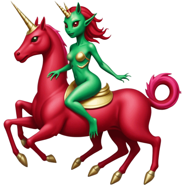 "reptilian green alien woman, in long slim dark red", rides, "unicorn gold and white"
 emoji