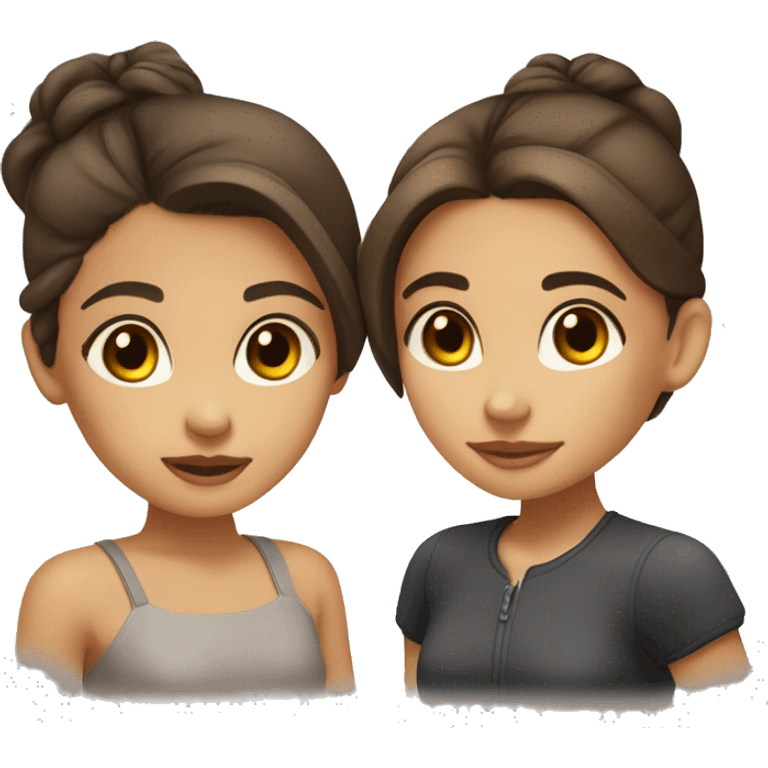 two girls are kissing, one of them has light skin, brown eyes, dark brown hair in a bun, the other has light skin, gray eyes and long brown loose hair emoji