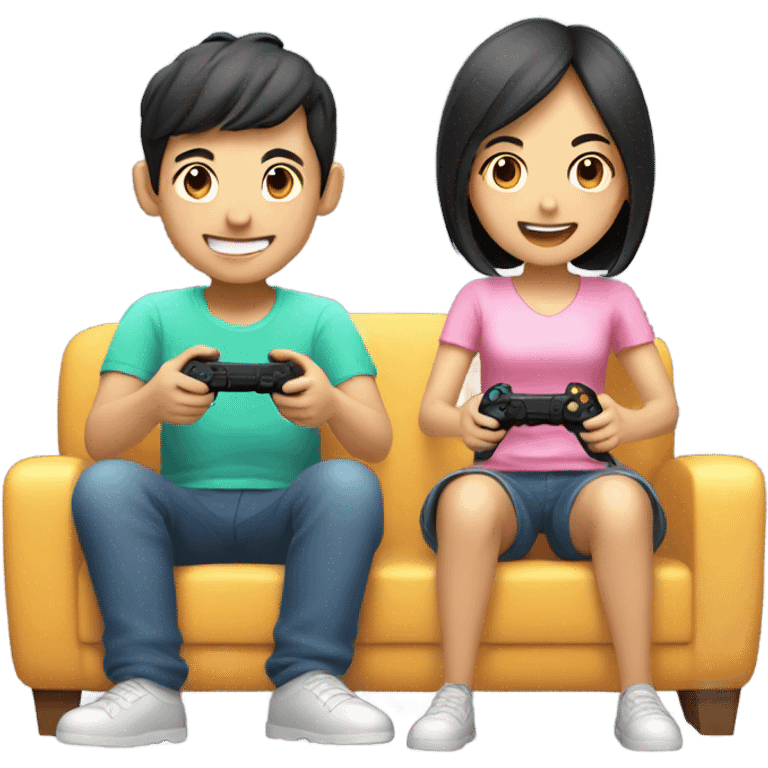 Cute Asian Couple sitting together and having fun playing video games emoji