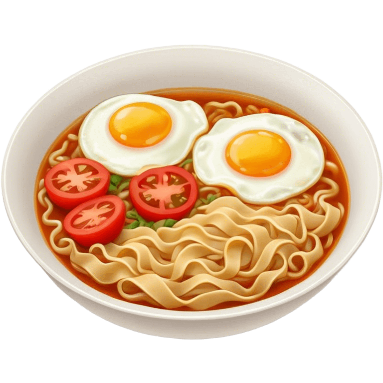 Spicy bowl of noodles with fried eggs and two pieces of tomatoes  emoji