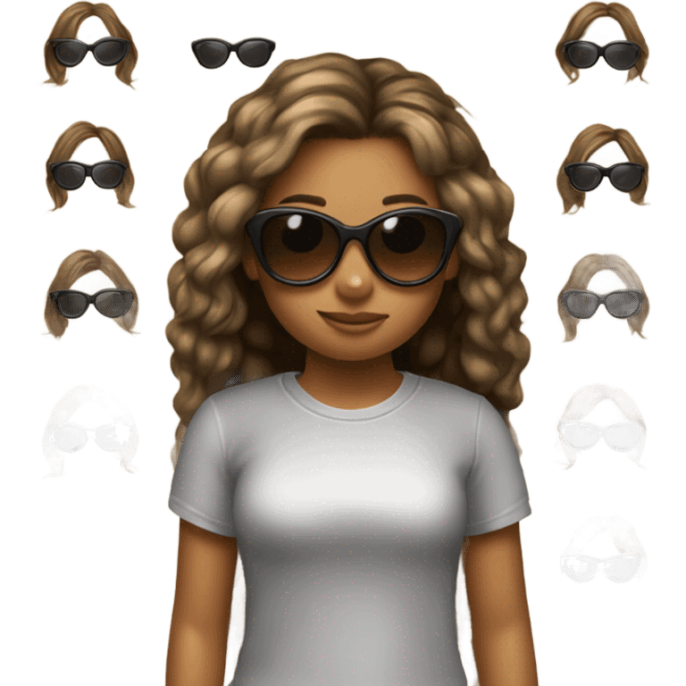 Can you re-create the last emoji that you did with the girl in the sunglasses but make her hair darker and also put the letter R on her T-shirt emoji