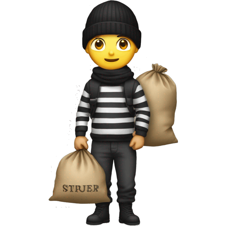 Thief wearing striped shirt and black beanie, holding a sack of money behind his back. emoji