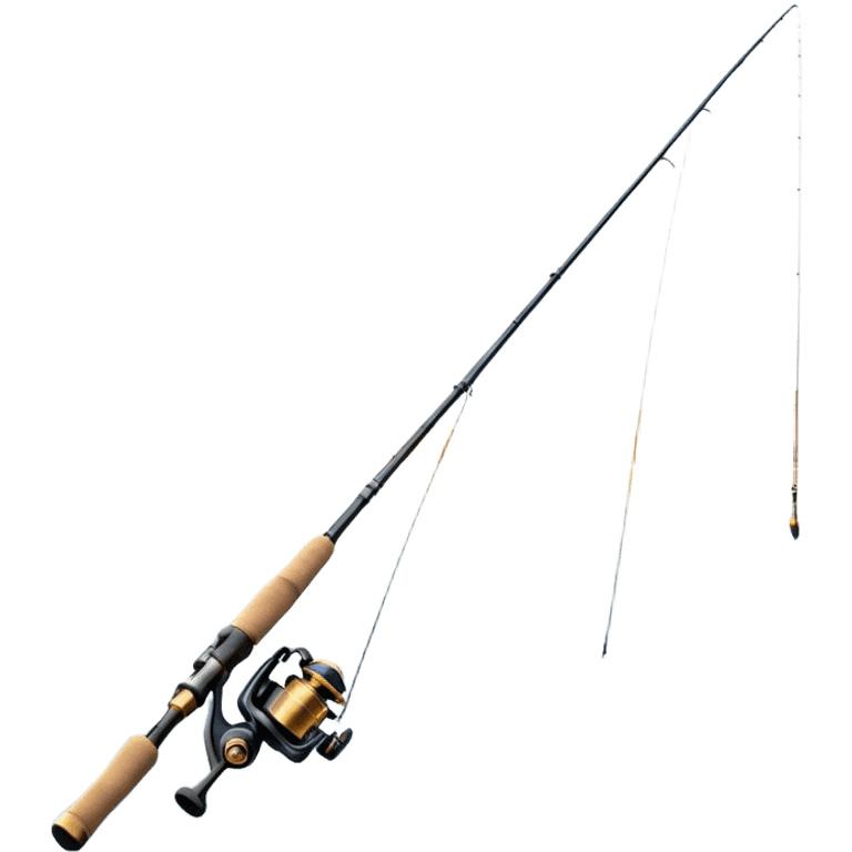 Cinematic Realistic Fishing Rod, sleek graphite rod with a smooth, polished reel, thin line disappearing into a shimmering lake, warm golden sunlight reflecting off the water, glowing with a tranquil and adventurous aura. emoji