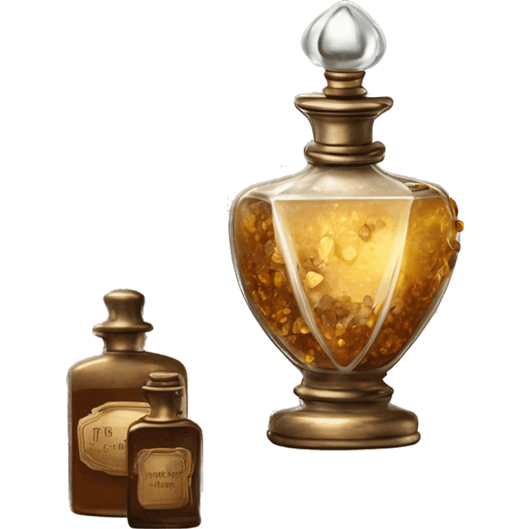 An antique perfume bottle with oil made of bronze and brown crystals, from which white cream and coffee milk flow, yellow flowers of fragrant vanilla lie next to it emoji