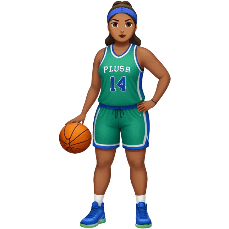 Full Body Latino plus size women basketball player wearing blue and green uniform emoji