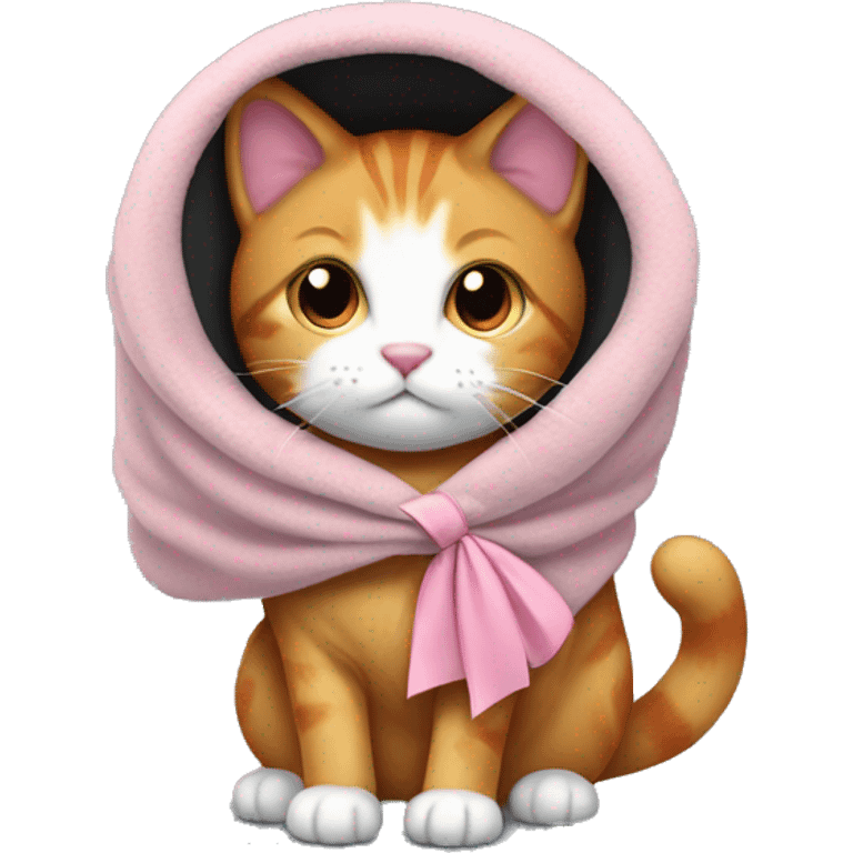 a light red cat with a white muzzle and a black collar is wrapped in a gray blanket with a pink bow on his ear emoji