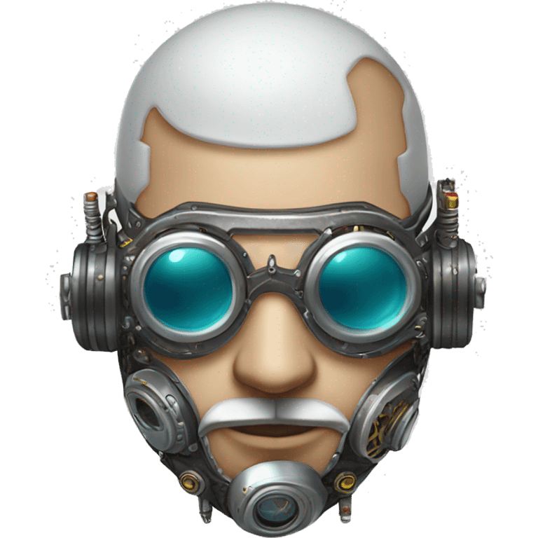 Bald cyborg head with silver steampunk goggles, white beard and circuits emoji