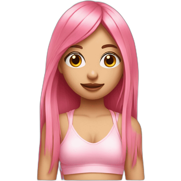 girl with long, straight rose hair and fringe and holding camera and wearing pink bralette emoji