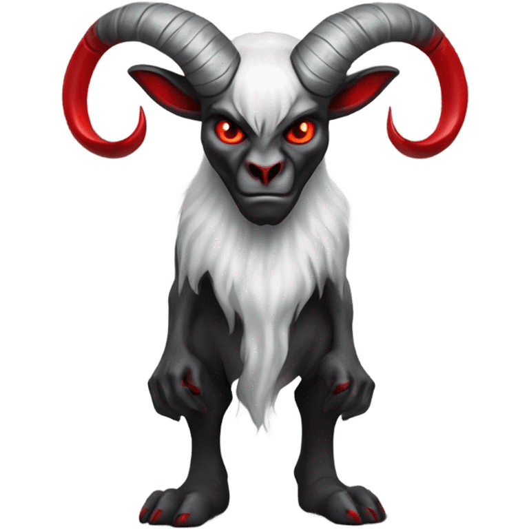 Evil Goatman male Devil sinister with red tipped horns standing with goat hind legs on pyramidal pillar  aura of darkness he is commanding emoji