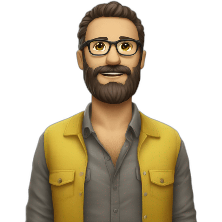 Homme brun lunettes et barbe avec une chemise jaune emoji