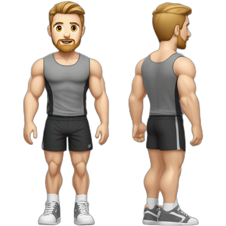 Full height Pale skinned muscular man With Realistic eyes and mouth, light brown hair and stubble In dark gray sleeveless mike, black oversize sports shorts, watch and white sneakers. emoji