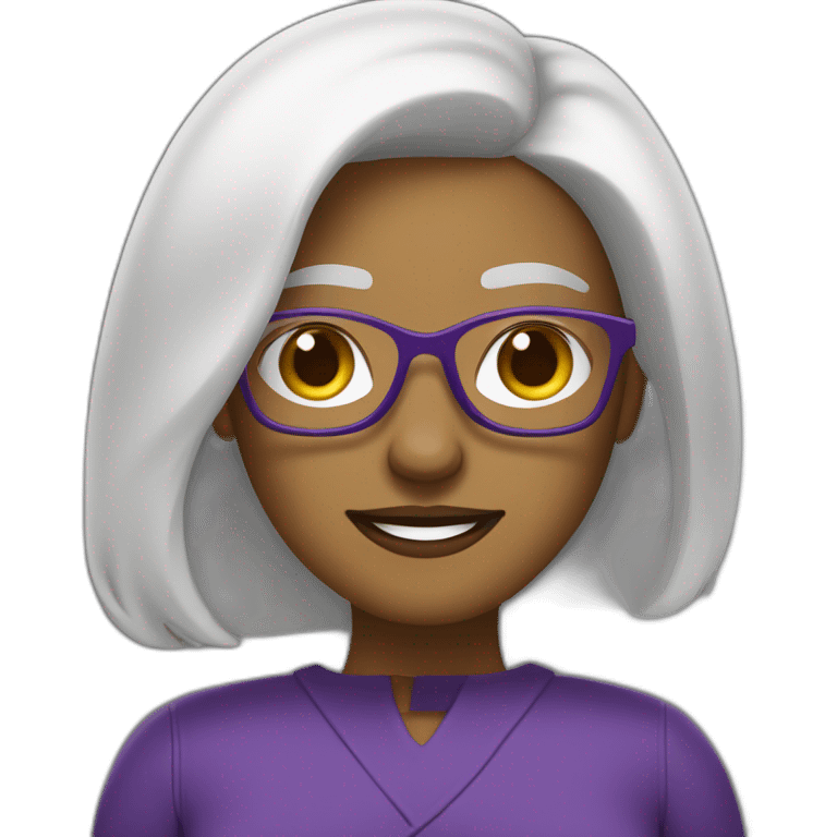 mujer riendo con piel de color blanco con gafas cabello hasta el hombro y de color marron con un computador morado emoji