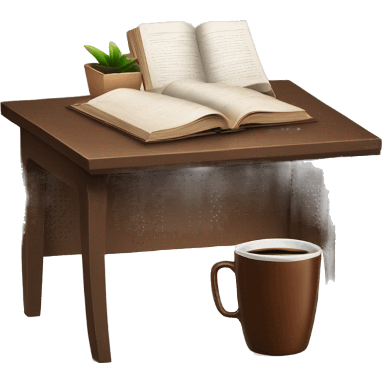 Desk with chique brown books, coffee and glasses  emoji