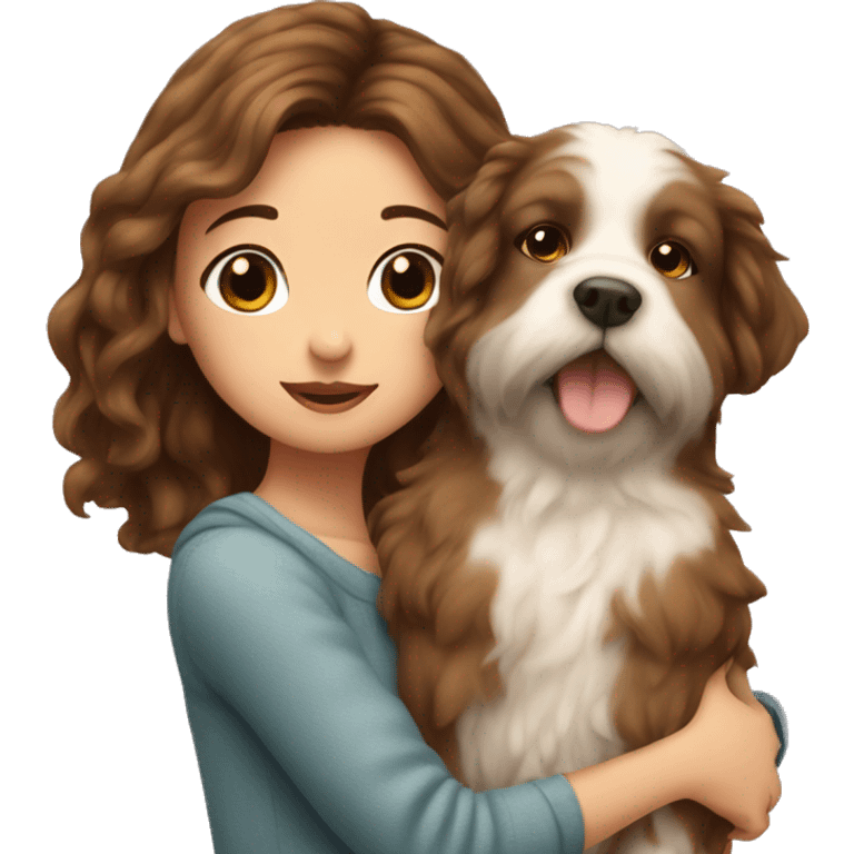 beautiful girl with brown hair kissing her fluffy dog emoji