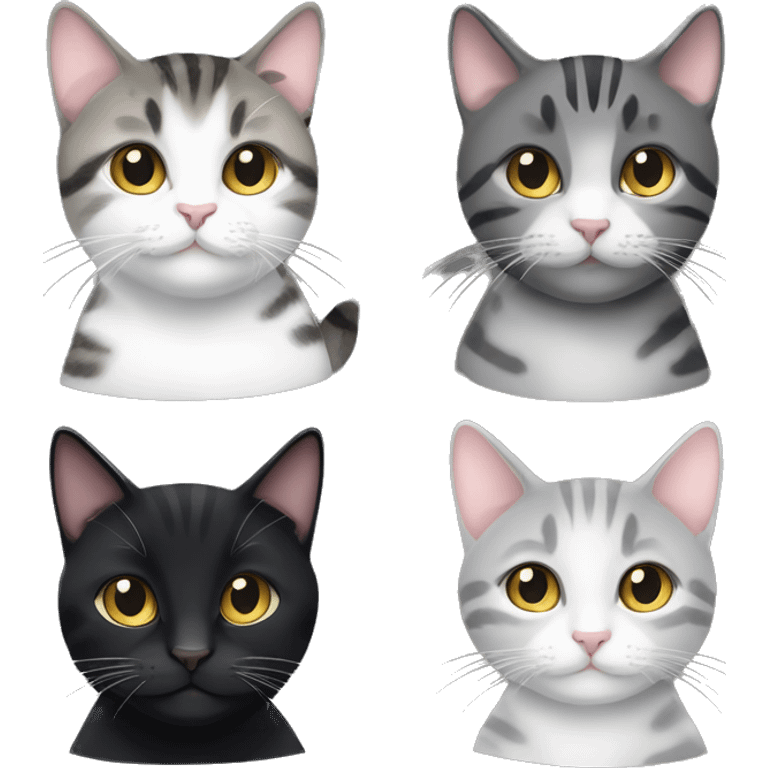 4 cats - 1 small black cat, 1 small black tabby cat, 1 small white and grey tabby cat, and 1 fat black tabby cat emoji