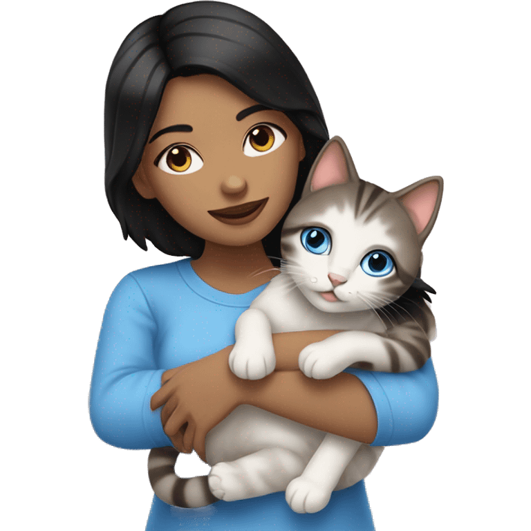 Pale woman with black hair and blue eyes snuggling a tabby kitten emoji