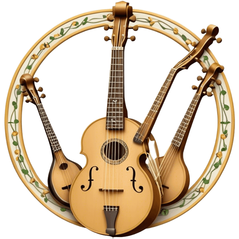 Design a sophisticated and festive emblem-like emoji representing plucked and stringed instruments. The layout should resemble a heraldic crest, featuring iconic instruments like a banjo, mandolin, domra, and sitar, artistically arranged in an elegant and symmetrical way. The necks of the instruments should be intertwined with a flowing ribbon of musical notes, winding around the strings and fretboards. The design should be detailed, showcasing the intricate carvings on the instruments, visible strings, and fret markers. Use a rich color palette with deep golds, browns, and vibrant accents to evoke a sense of luxury and celebration. The musical notes should appear to float around the instruments, connecting them in a graceful, dynamic way. Include ornate flourishes or decorative elements like laurels, swirls, or subtle engravings to give the image a professional, emblematic appearance. The background should be transparent. emoji