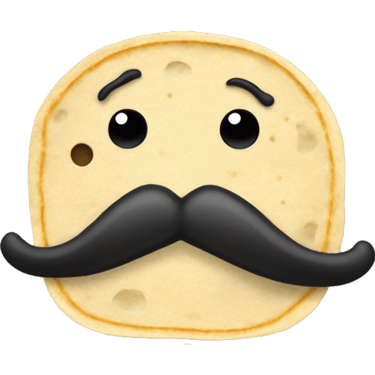 tortilla with horizontal black line for eyes and a long noodle like black mustache with only a single noodle for the mustache emoji