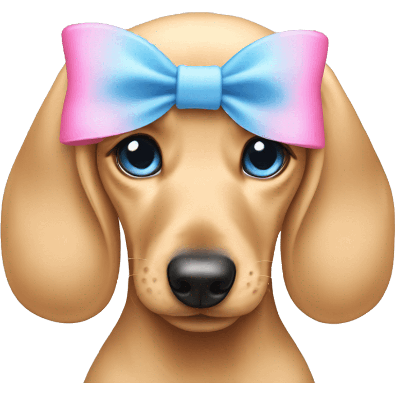 Blonde dashund puppy with pink bow and blue eyes emoji