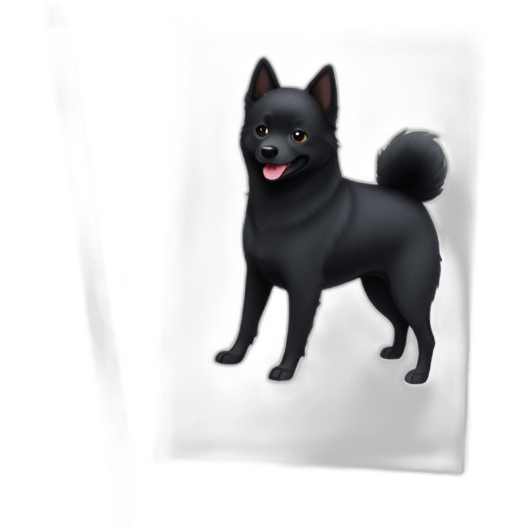 Black schipperke with only black hair, mid length hair with tongue stuck out and dark brown eyes emoji