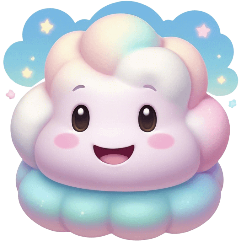 Cinematic fluffy pastel marshmallow character, soft round edges, tiny sparkly eyes, a small happy smile, glowing warmly, floating in a dreamy soft sky. emoji