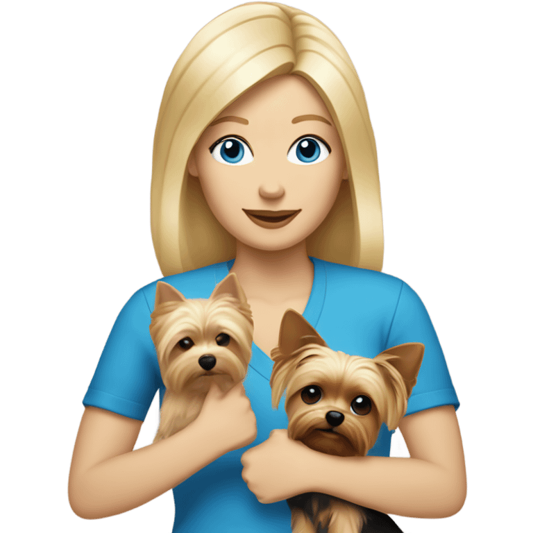 White woman with blonde hair and blue eyes holding yorkie dog with a peace sign  emoji