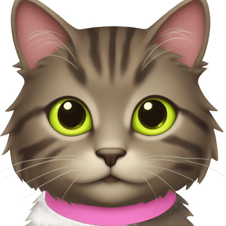 Fluffy dark brown tabby pink collar with lime eyes emoji