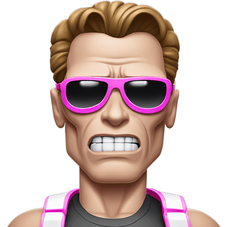 Crying Schwarzenegger-like Terminator, upper body only, wearing his iconic clothes in pink (all clothes must be pink), looking more human with minimal robotic details, and wearing dark sunglasses. emoji