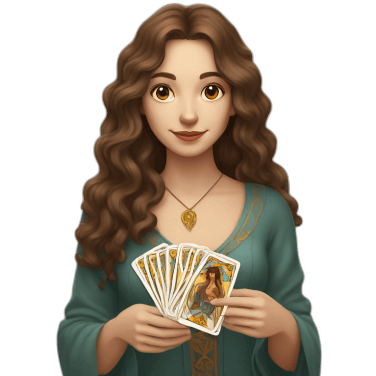 A wavy brown haired girl with a deck of tarot cards emoji