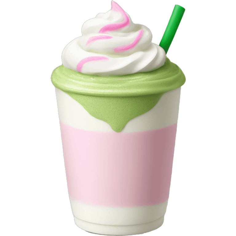 Matcha latte with pink whipped cream emoji