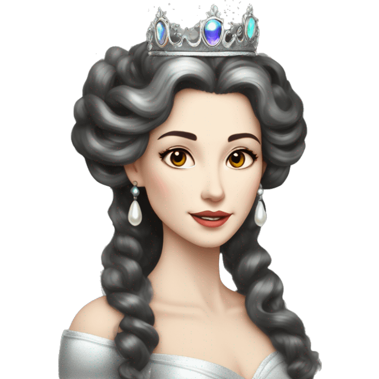 Regal pretty slender middle age woman photograph defined cheekbones high cheekbones crown vintage with very long iridescent black and silver hair wavy long hair pearl crown iridescent emoji