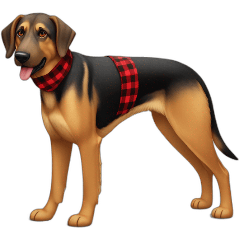 adult 75% Coonhound 25% German Shepherd mix dog with visible tail wearing small pointed red buffalo plaid bandana full body walking left quickly emoji