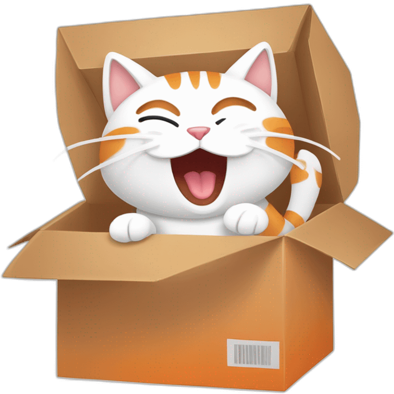 Cartoon art, a cat inside a box, yawning or stretching, simple lines, bright colors, white background, orange, white, and brown colors emoji