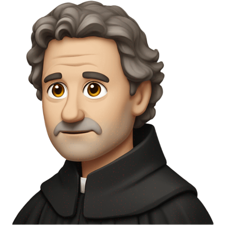 "An middle aged man with brown hair, a weathered face, and a solemn expression. He wears a black robe with a clerical collar and holds a Bible or rosary, standing in a modest church." emoji