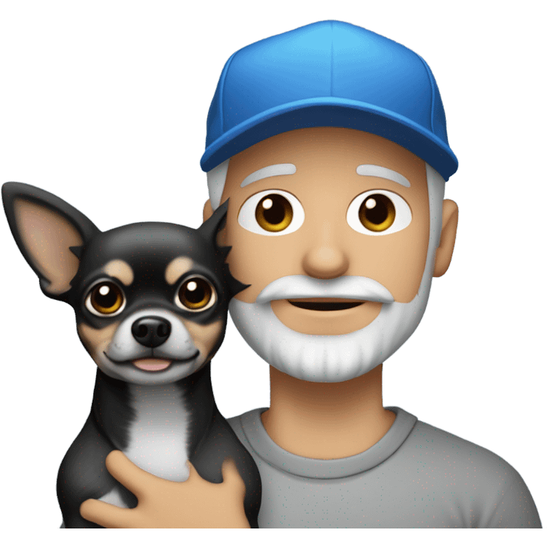 blue eyed man, with grey hair,  and grey goatee beard, wearing ball cap, holding ‘a black long hair chihuahua’ emoji