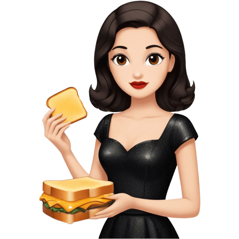 Beautiful woman in 1950’s woman fashion look, black shimmery dress, long dark brown hair, grilled cheese sandwiche emoji