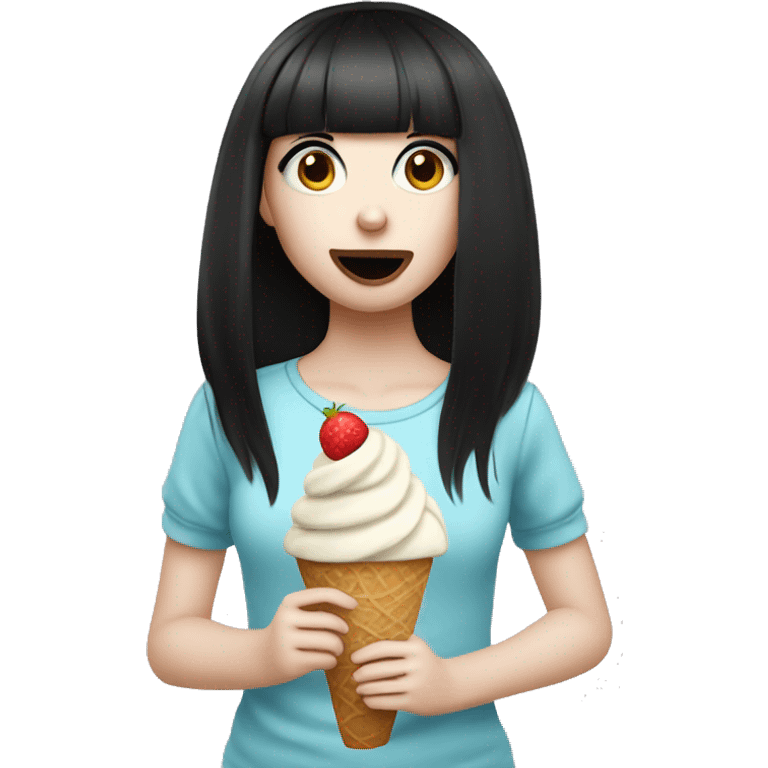 Portrait cute Girl pale skin with long black  bangs eating icecream  emoji