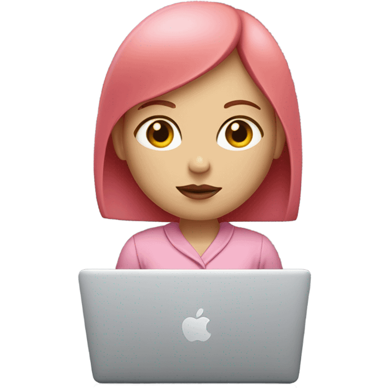 Very pretty girl with straight short red hair, white skin, big pinky lips, big eyes, calm face, in pink clothes works on macbook emoji